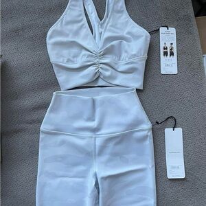 ALO Yoga White Camo Sports Bra and Biker Shorts Set